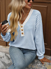 Striped V-Neck Button Front Casual Top | Knit Tops Daverri Fashions