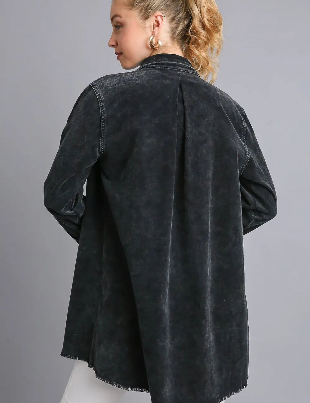 Umgee Raw Hem Button Down Denim Jacket with Chest Pockets | Daverri Fashions