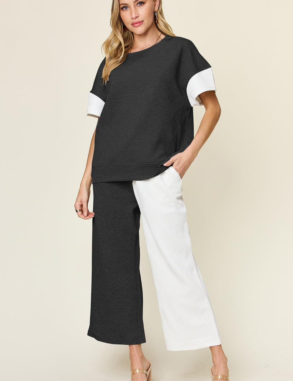 White Double Take Full Size Texture Contrast T-Shirt and Wide Leg Pants Set | Outfit Sets Daverri Fashions