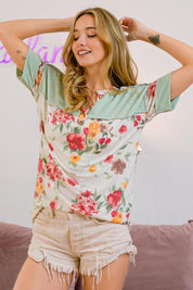 BiBi Floral Button Detail Round Neck Short Sleeve Terry T-Shirt | T-Shirts Daverri Fashions