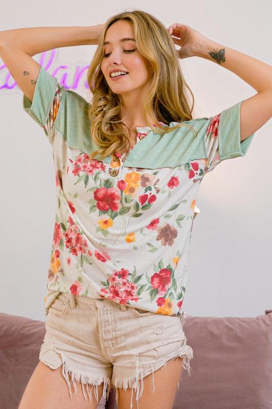 BiBi Floral Button Detail Round Neck Short Sleeve Terry T-Shirt | T-Shirts Daverri Fashions