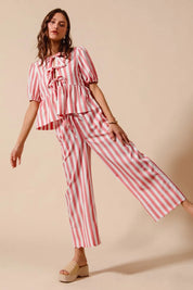 SO ME Front Tie Stripe Top With Puff Sleeves and Wide Leg Pants Set | Outfit Sets Daverri Fashions