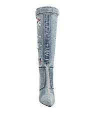 Cornik Multi Color Stones Denim Boots | Boots Daverri Fashions