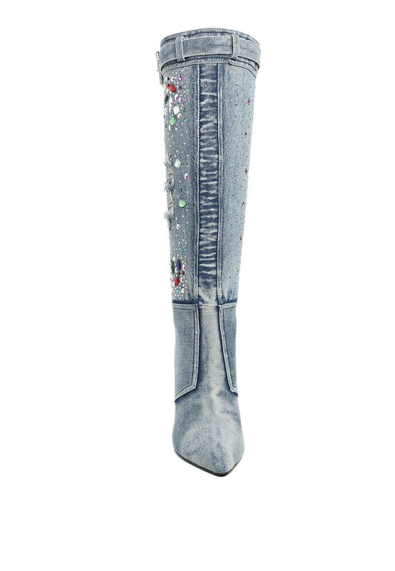 Cornik Multi Color Stones Denim Boots | Boots Daverri Fashions