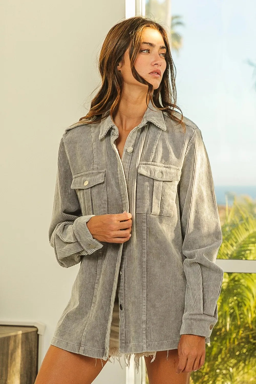 Grey BiBi Button Up Corduroy Shacket | Shackets Daverri Fashions