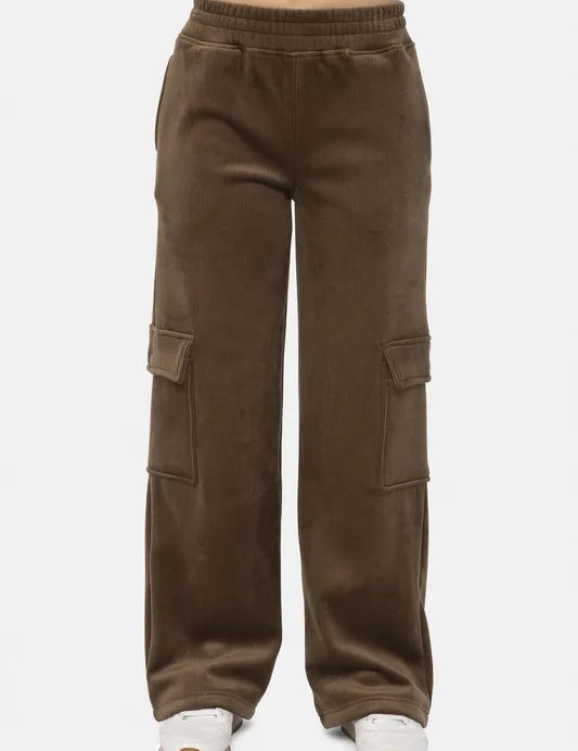 Olive Brown Mono B Elastic Waist Corduroy Cargo Pants | Daverri Fashions