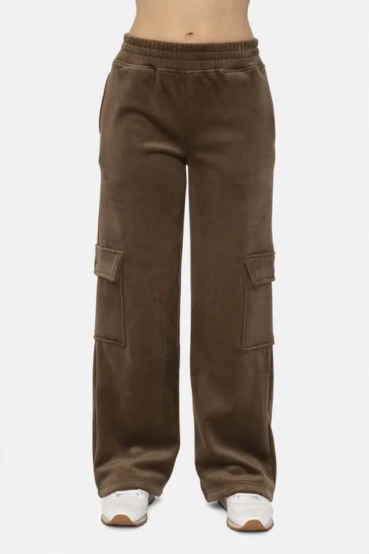 Olive Brown Mono B Elastic Waist Corduroy Cargo Pants | Daverri Fashions