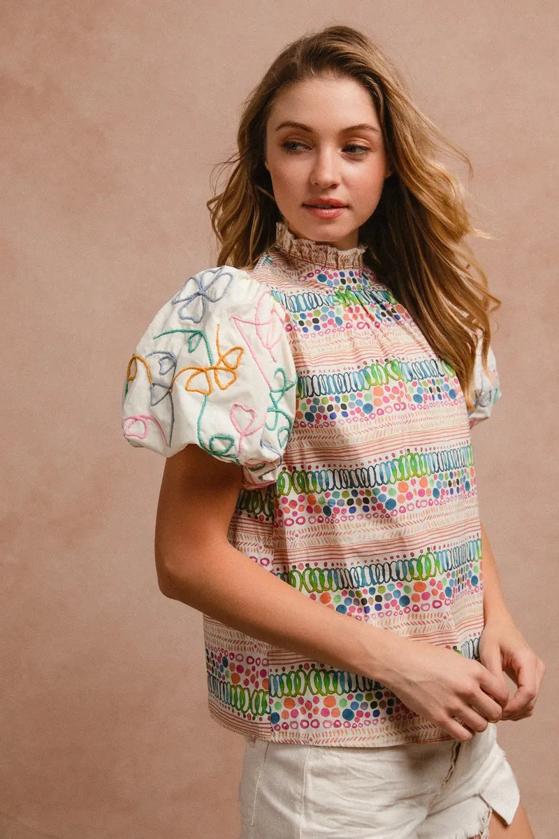 BiBi Ruffle Neckline Blouse With Embroidery Bubble Sleeve | Daverri Fashions