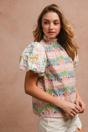 BiBi Ruffle Neckline Blouse With Embroidery Bubble Sleeve | Daverri Fashions