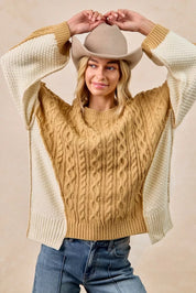 BiBi Cable Knit With Hacci Combo Sweater With Uneven Hem Detail | Sweaters Daverri Fashions