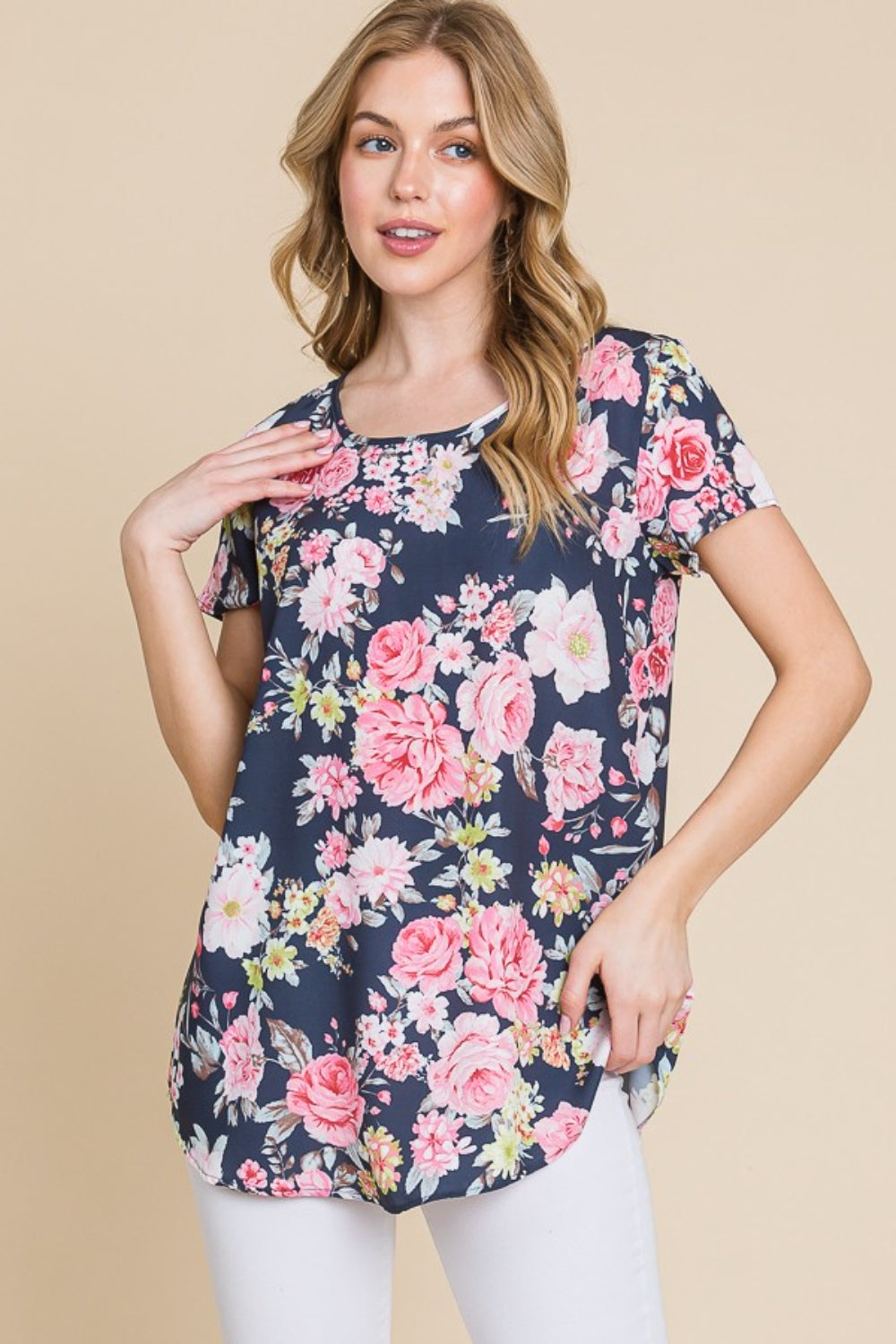 BOMBOM Floral Round Neck Short Sleeve T-Shirt | Daverri Fashions