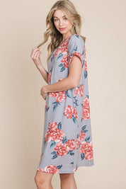 BOMBOM Floral Round Neck Short Tee Dress with Pockets | Daverri Fashions
