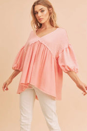 Aemi + Co High-Low Frayed Hem V-Neck Blouse | Daverri Fashions