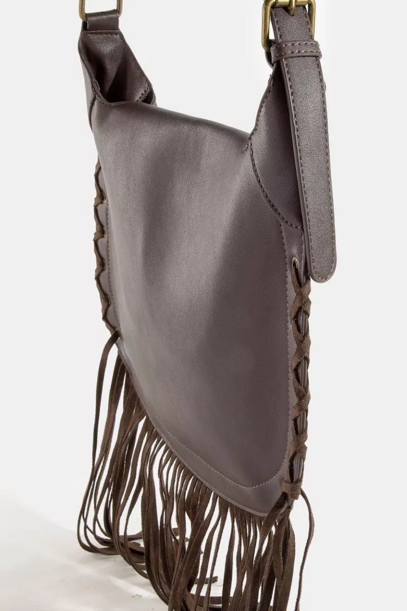 Fame Rivet Trim Suede Fringe Shoulder Bag | Handbags Daverri Fashions