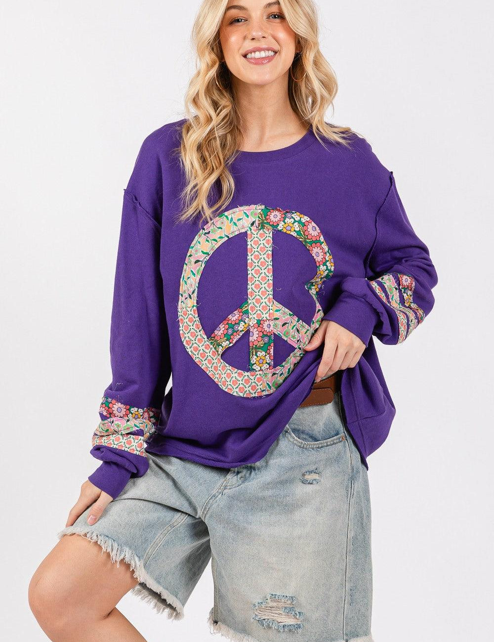Blueberry S SAGE+FIG Peace Applique Patch Long Sleeve Top | Tops Daverri Fashions