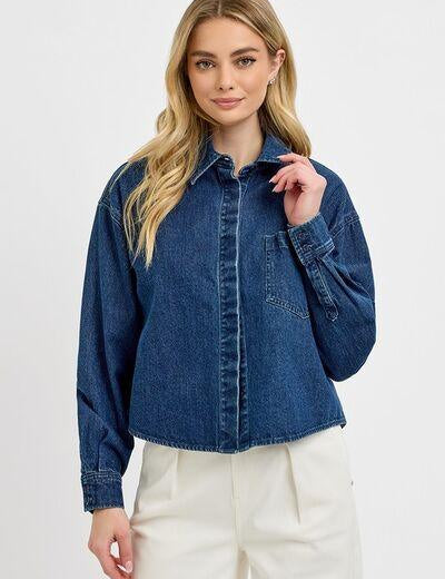 RISEN Button Up Long Sleeve Denim Shacket | Daverri Fashions