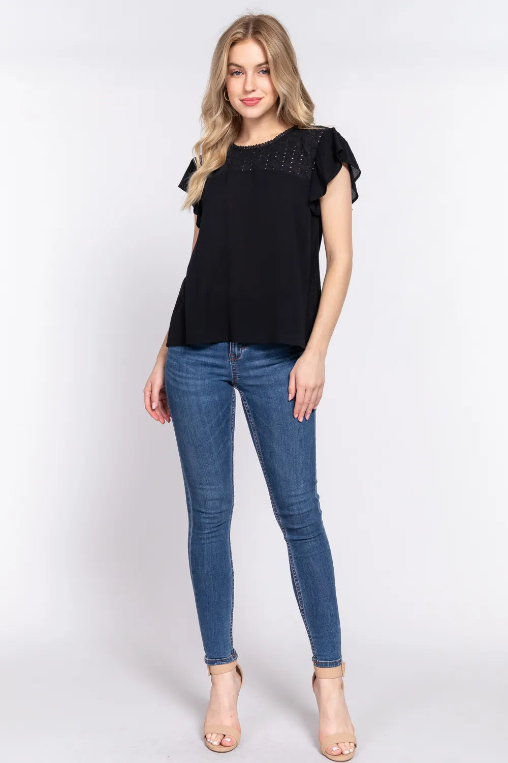 ACTIVE BASIC Ruffle Short Sleeve Crochet Blouse | Daverri Fashions