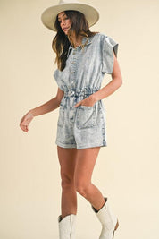 Annie Wear Elastic Waistband Short Sleeve Denim Romper | Denim Rompers Daverri Fashions
