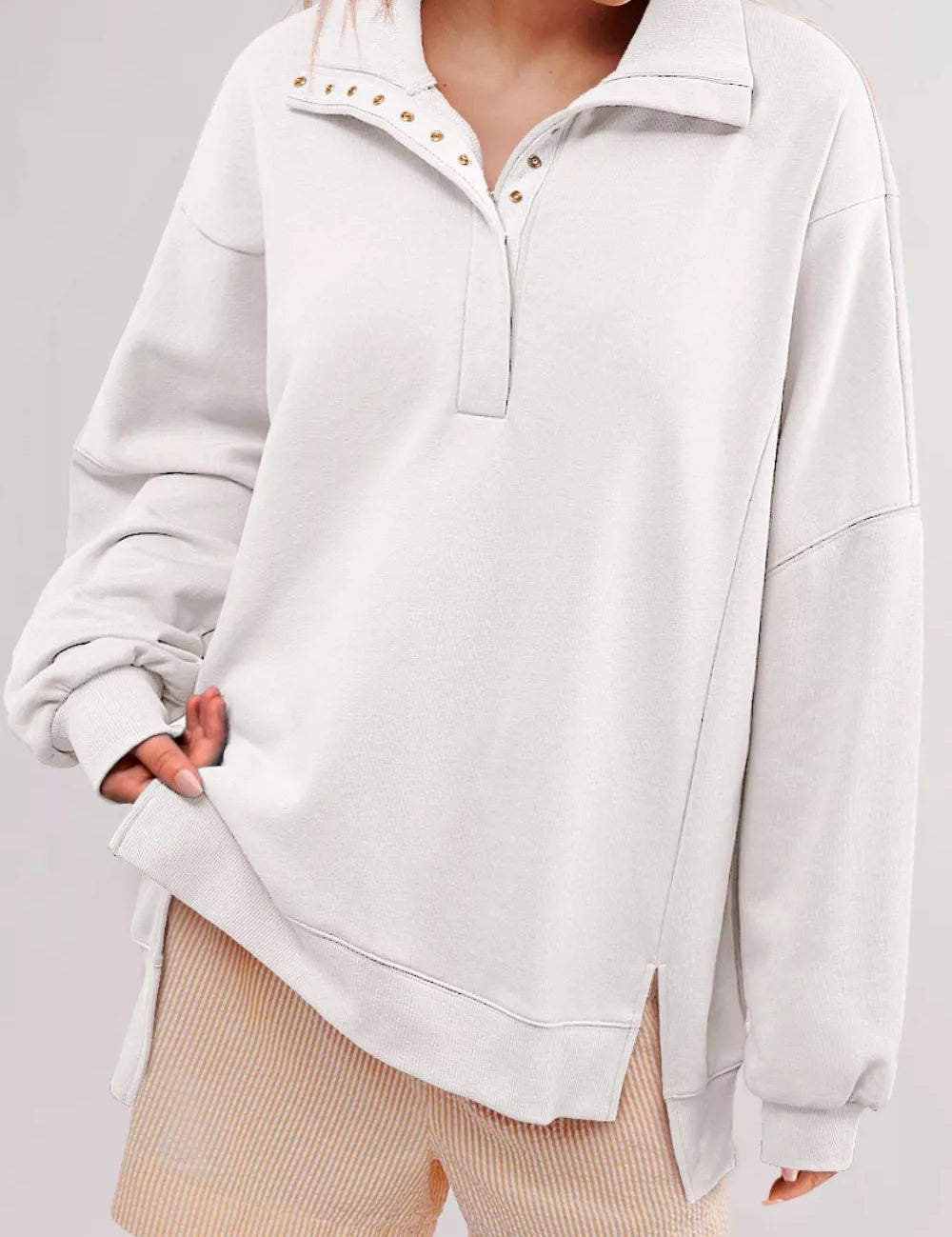 White Buttoned Collared Raw Detail High Low Baggy Sweatshirt with Slits | Sweatshirts Daverri Fashions