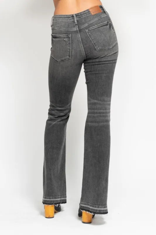 Judy Blue Full Size Mid Rise Tummy Control Washed Gray Release Hem Flare Jeans Plus Size | Daverri Fashions