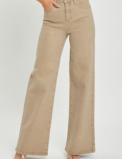 Tan 2XL RISEN Tummy Control High Rise Wide Leg Jeans Plus Size | Jeans Daverri Fashions