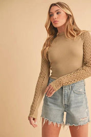 Aemi+Co Mock Neck Ribbed Knit Top with Crochet Sleeve | Tops Daverri Fashions