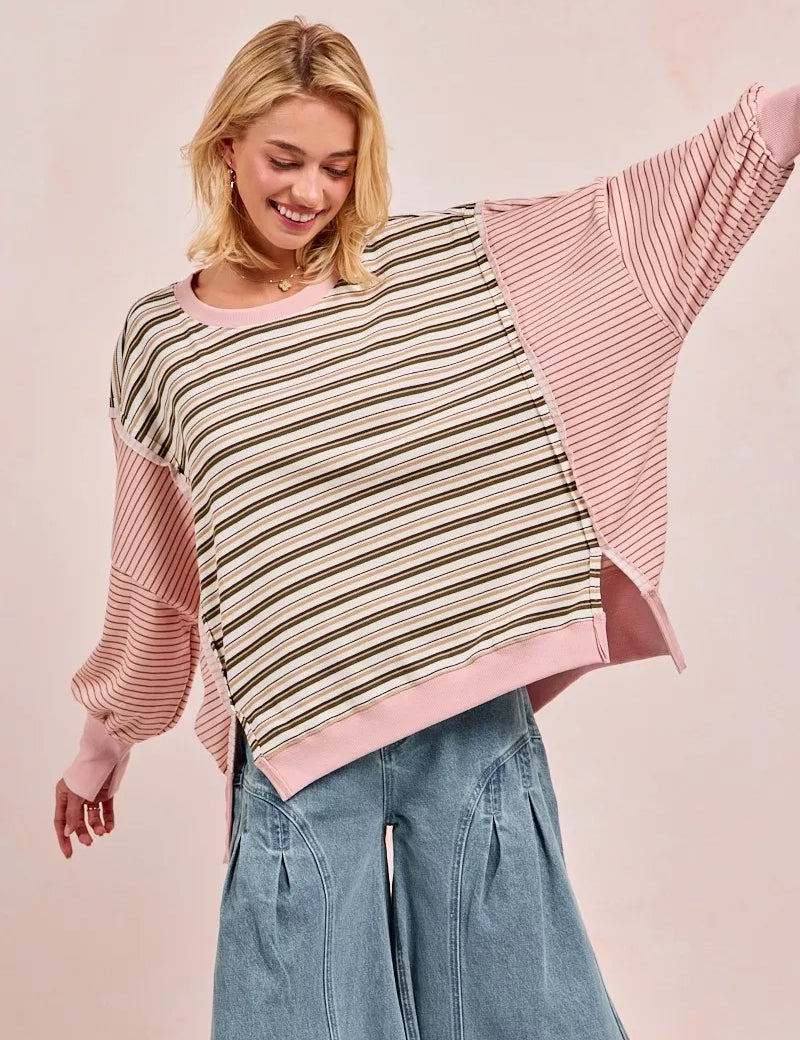 OATMEAL PINK BiBi Stripe Mixed Top With Cut Edge And Reverse Outseam | Sweatshirts Daverri Fashions