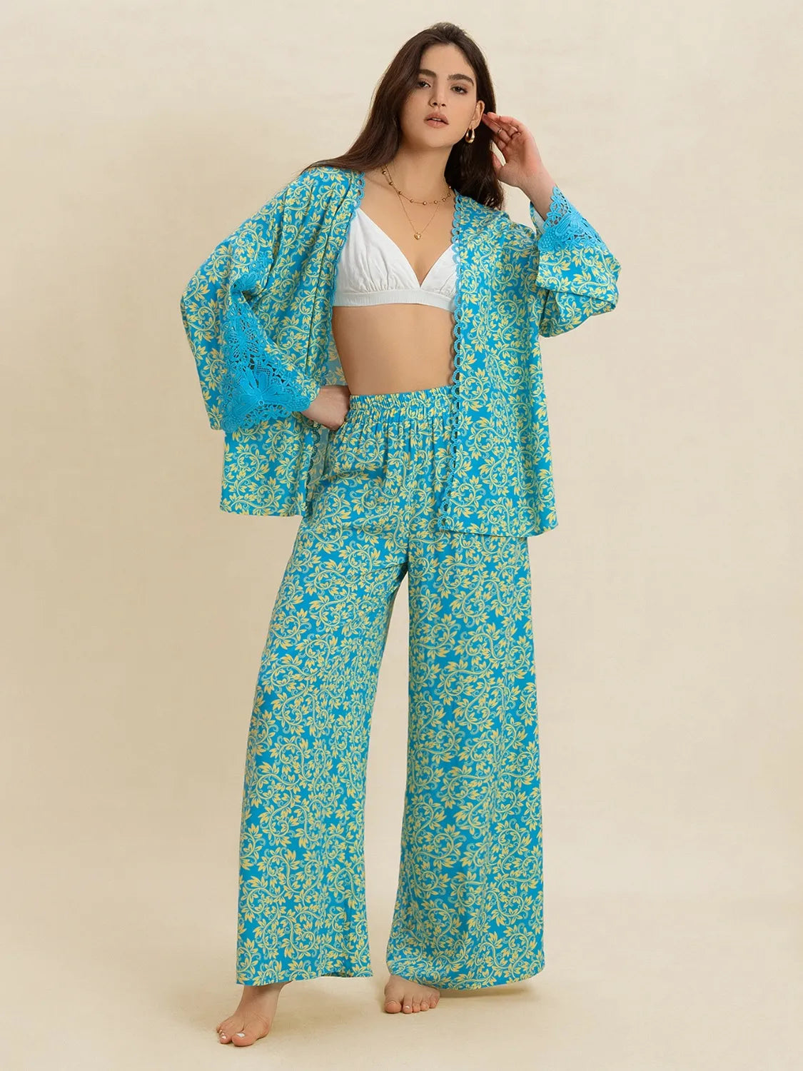 Open Front Printed Top and Pants Set | Loungewear Sets Daverri Fashions