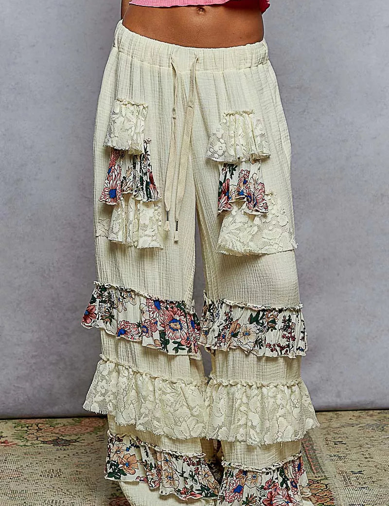 NATURAL POL Drawstring Double Gauze Wide Leg Pants with Print and Lace Ruffle | Pants Daverri Fashions