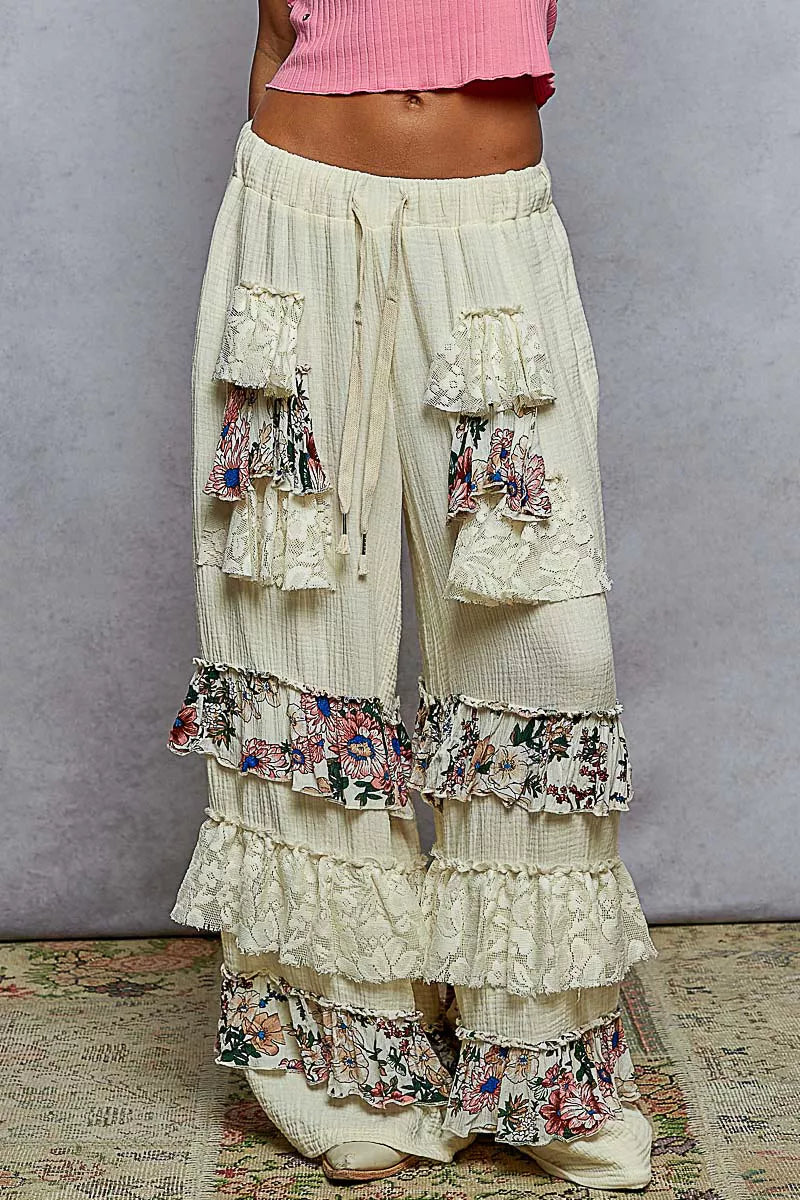 NATURAL POL Drawstring Double Gauze Wide Leg Pants with Print and Lace Ruffle | Pants Daverri Fashions