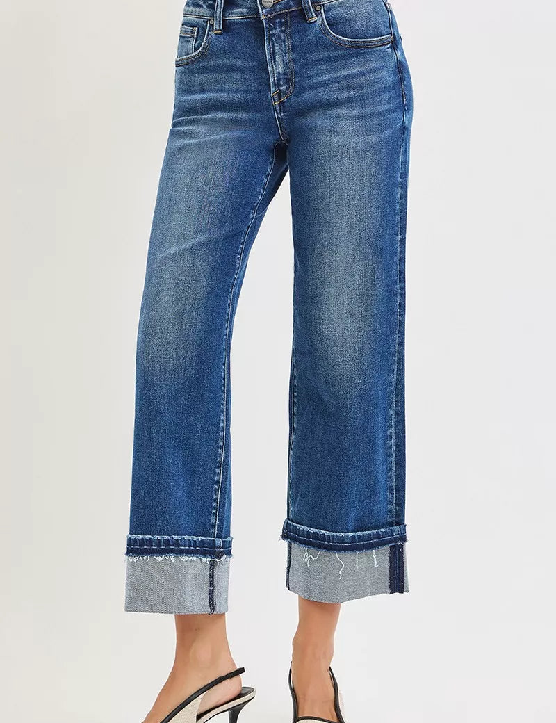 RISEN Mid Rise Ankle Straight Jeans with Cuffed Hem | Jeans Daverri Fashions