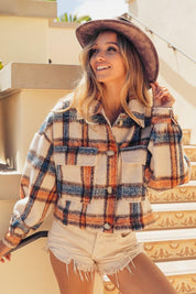 BiBi Brushed Plaid Crop Jacket with Pockets | Jackets Daverri Fashions