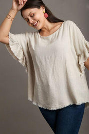 Umgee Full Size Raw Hem Ruffle Short Sleeve Blouse Plus Size | Blouses Daverri Fashions