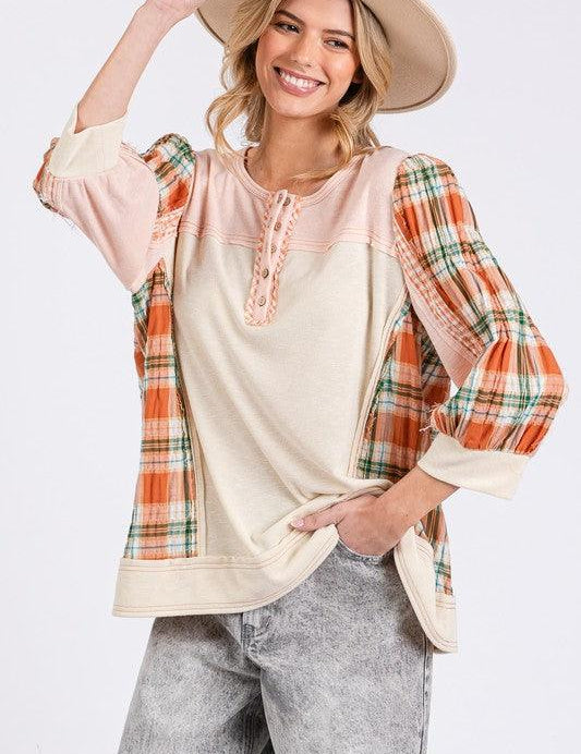 PINK SAGE + FIG Exposed Seam Button Detail Plaid Top | Tops Daverri Fashions