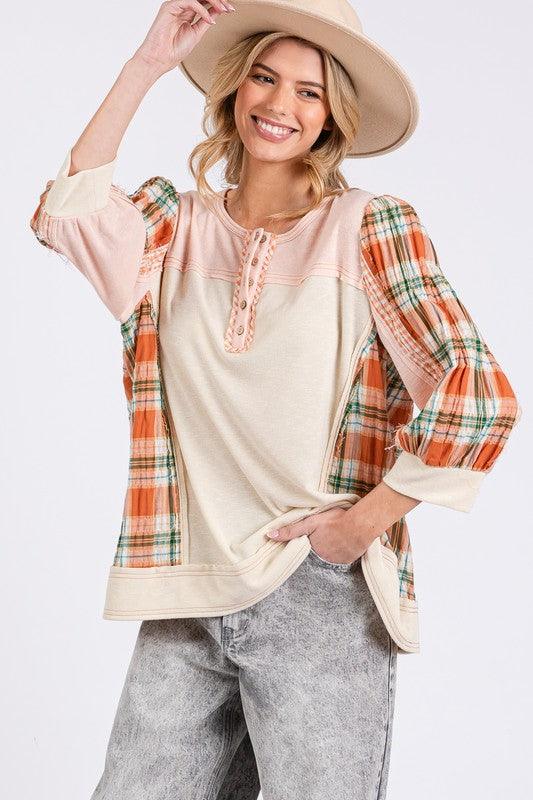 PINK SAGE + FIG Exposed Seam Button Detail Plaid Top | Tops Daverri Fashions