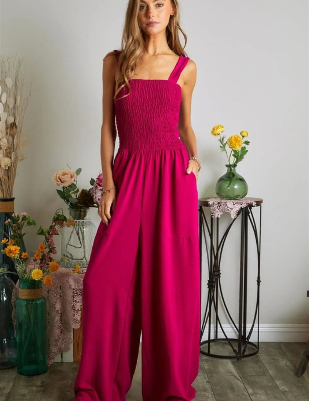 MAGENTA S ADORA Smocking Top Wide Leg Jumpsuit | Jumpsuits Daverri Fashions