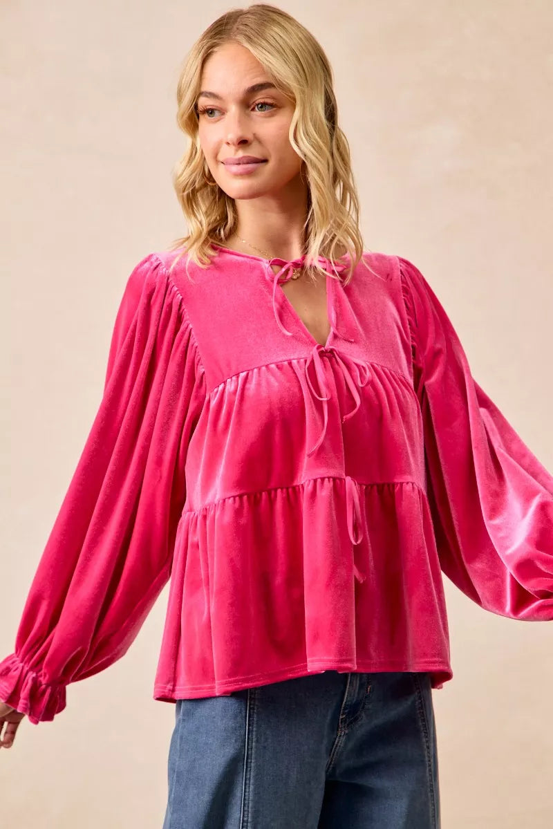 BiBi Christmas Theme Velvet Bow Tied Blouse | Blouses Daverri Fashions