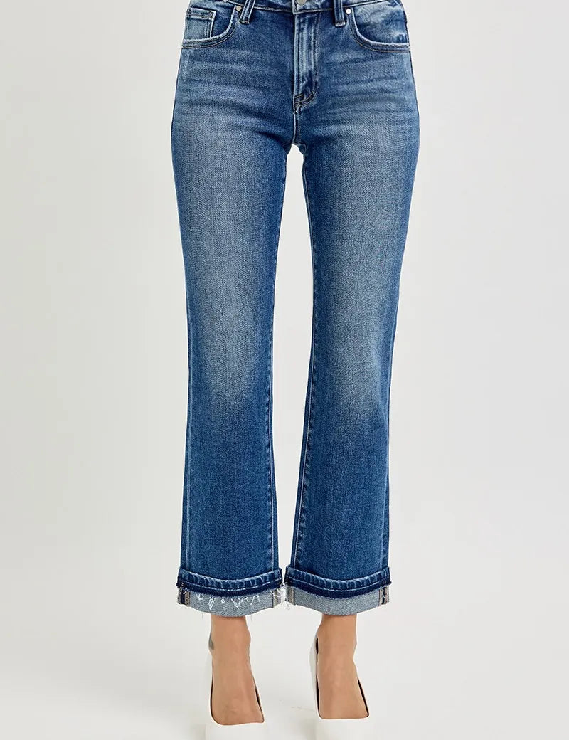 DARK RISEN Mid Rise Ankle Straight Cuffed Jeans | Jeans Daverri Fashions