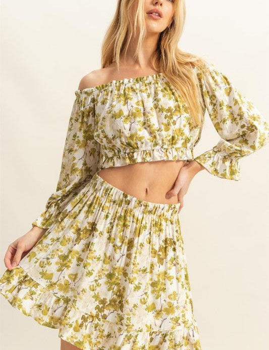 Yellow-Green L HYFVE Floral Off-Shoulder Flounce Sleeve Top and Skirt Set | Outfit Sets Daverri Fashions