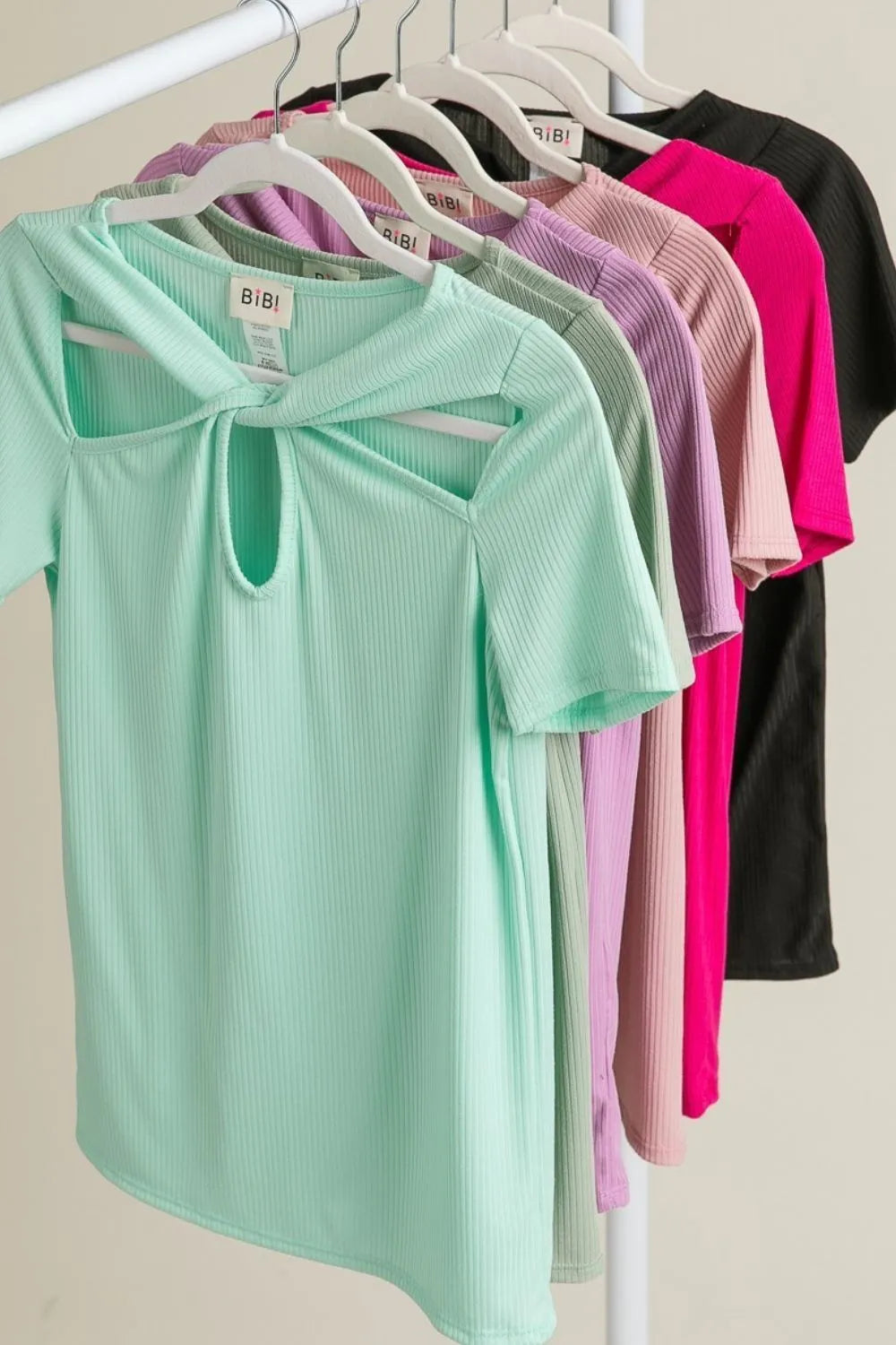 MINT BiBi Rib Knit with Cut Out and Front Twist Detailed Top | Tops Daverri Fashions