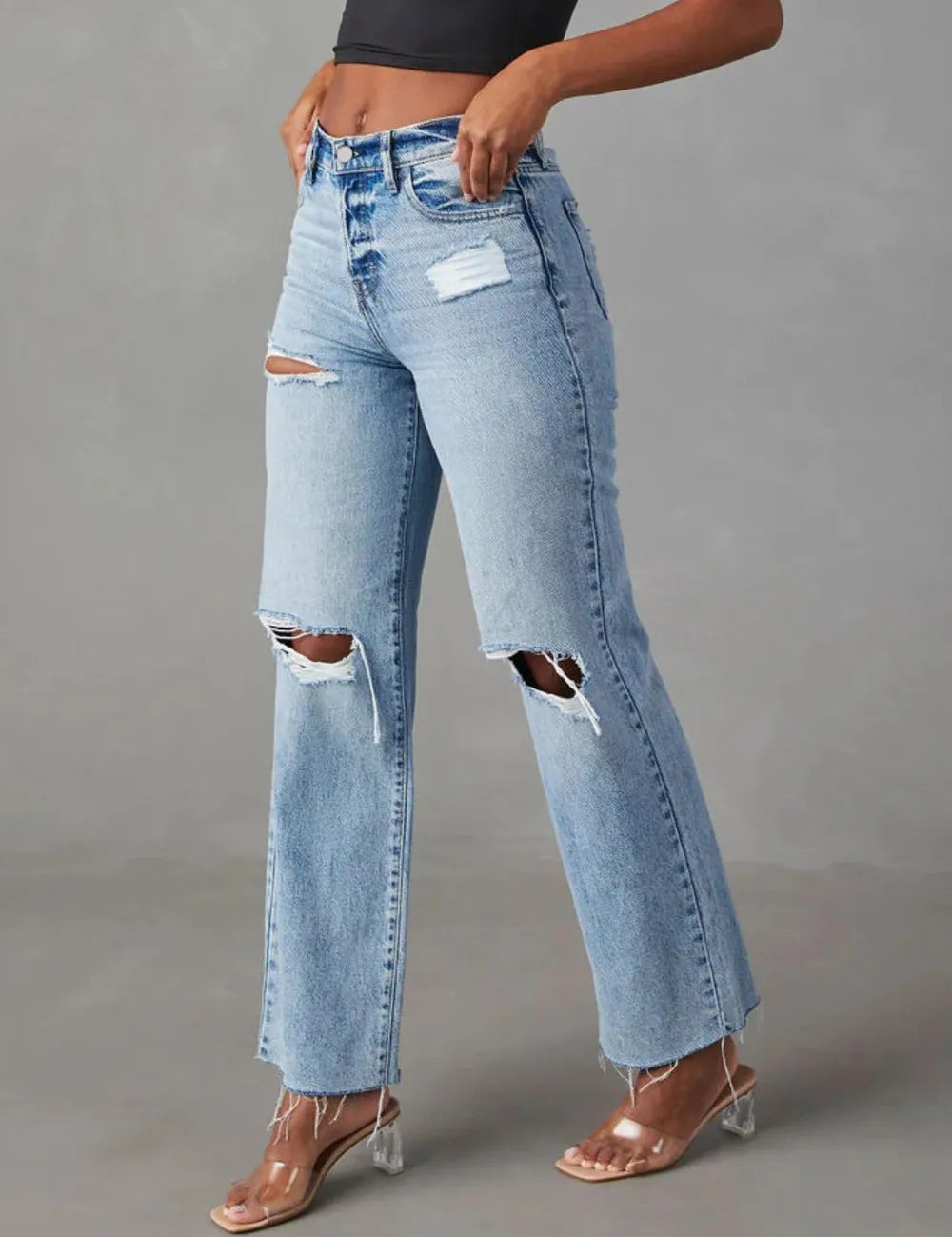 Distressed Straight Leg Jeans with Pockets | Jeans Daverri Fashions