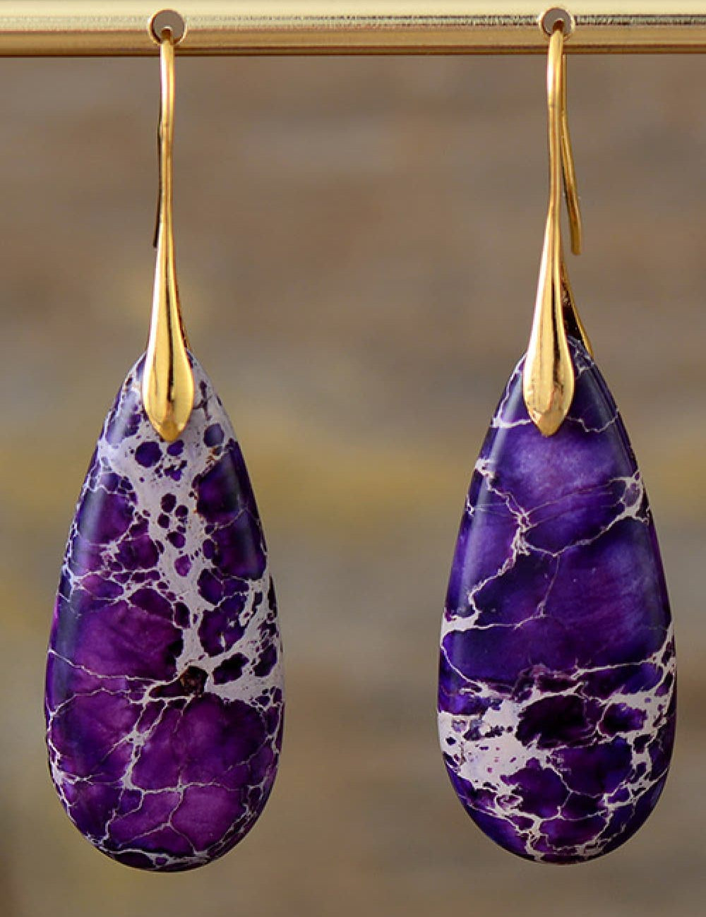 Purple Gold One Size Handmade Teardrop Shape Natural Stone Dangle Earrings | Earrings Daverri Fashions