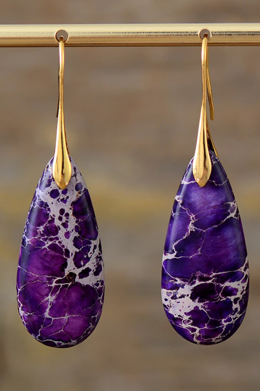Purple Gold One Size Handmade Teardrop Shape Natural Stone Dangle Earrings | Earrings Daverri Fashions