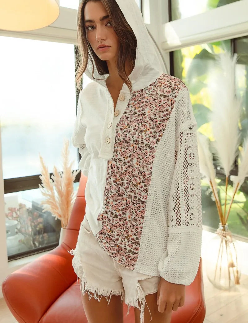 IVORY BiBi Slub Jersey with Lace Combo Buttoned Hoodie Top | Hoodies Daverri Fashions