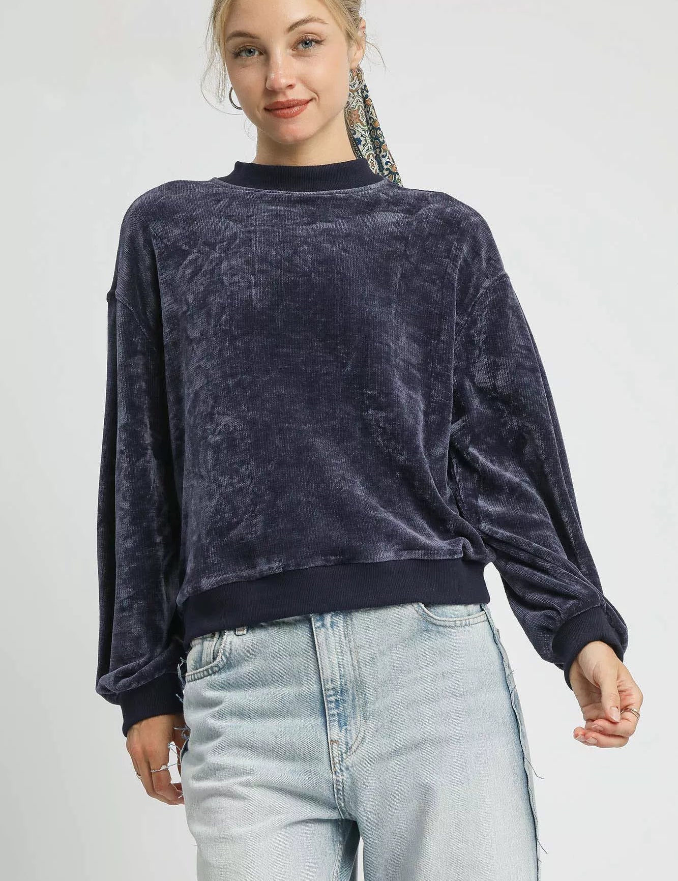 MIDNIGHT Umgee Velour Crewneck Balloon Sleeve Sweatshirt | Sweatshirts Daverri Fashions