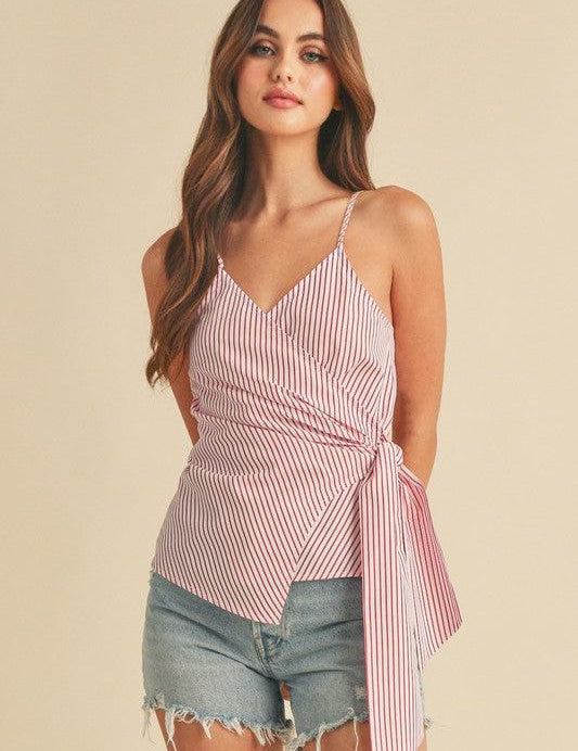 Aemi + Co Side Knotted Surplice Striped Cami | Cami Tops Daverri Fashions