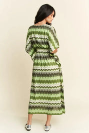 Davi & Dani Multi Color Wavy Tie Waist Flowy Sleeve Dress | Daverri Fashions