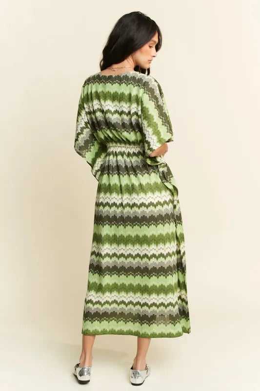 Davi & Dani Multi Color Wavy Tie Waist Flowy Sleeve Dress | Daverri Fashions
