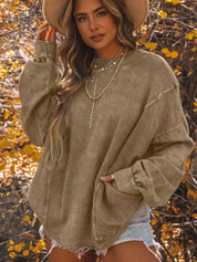 Mocha M Exposed Seam Twisted V-Neck Sweatshirt | Sweatshirts Daverri Fashions
