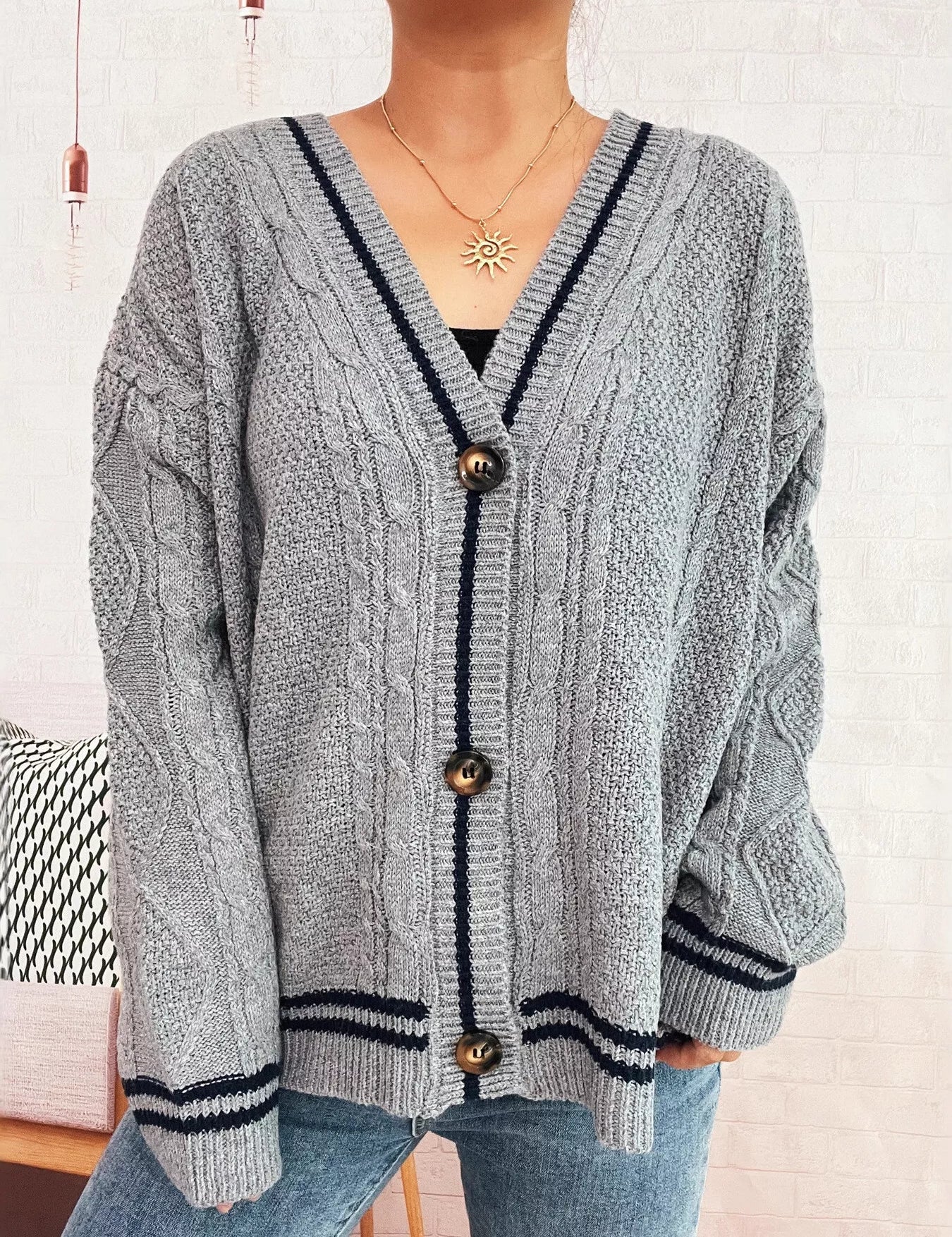 Gray One Size Star Pattern Button-Up Cardigan with Contrast Trim | Cardigans Daverri Fashions